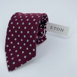 Eton Tie Mens One Size Maroon Blue Polka Dot Silk Classic Necktie Italy Made NWT